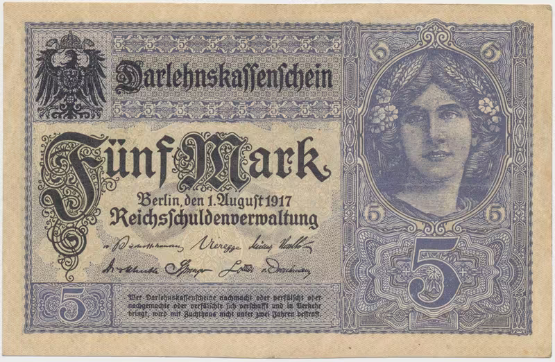 Německo, 5 Mark 1917, 8-místný číslovač, Ro.54c