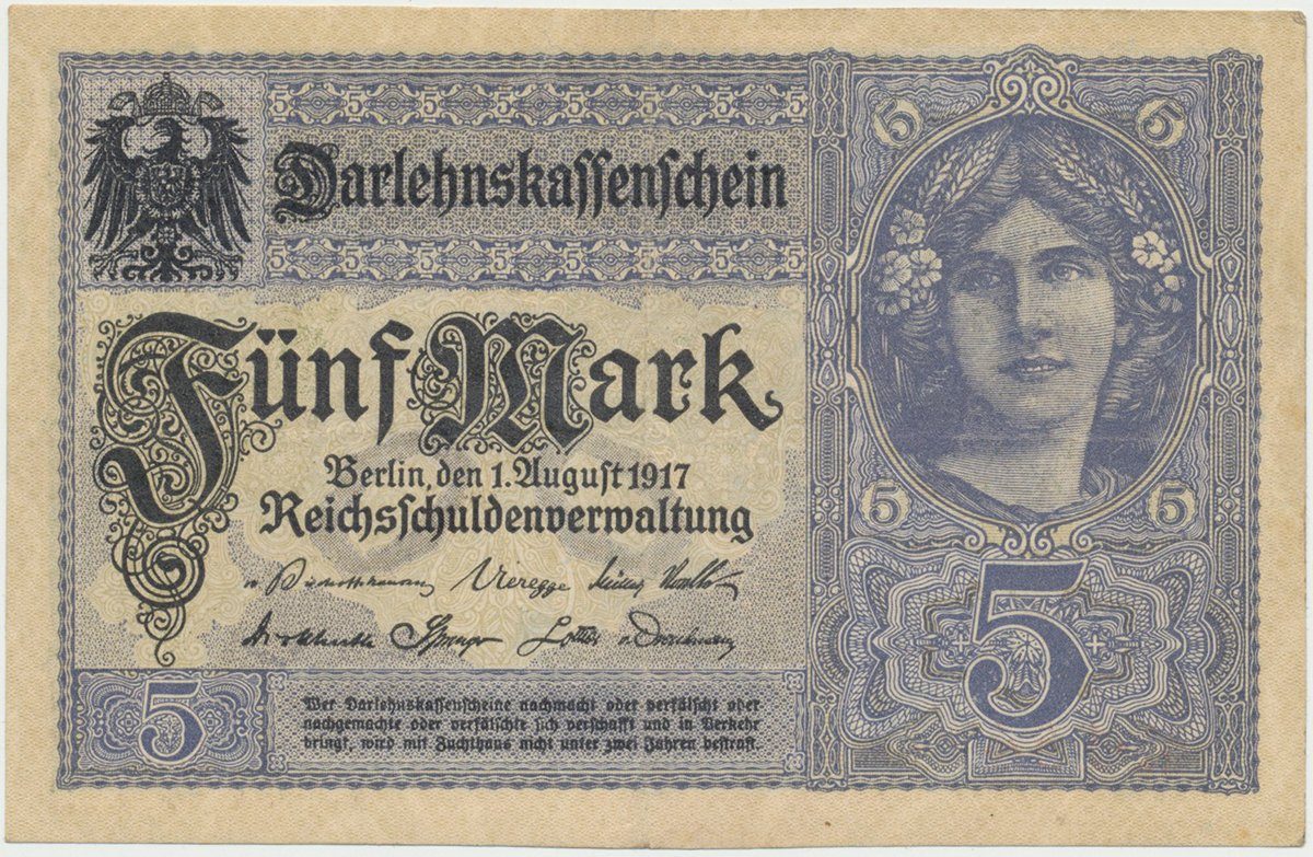 Německo, 5 Mark 1917, 8-místný číslovač, Ro.54c
