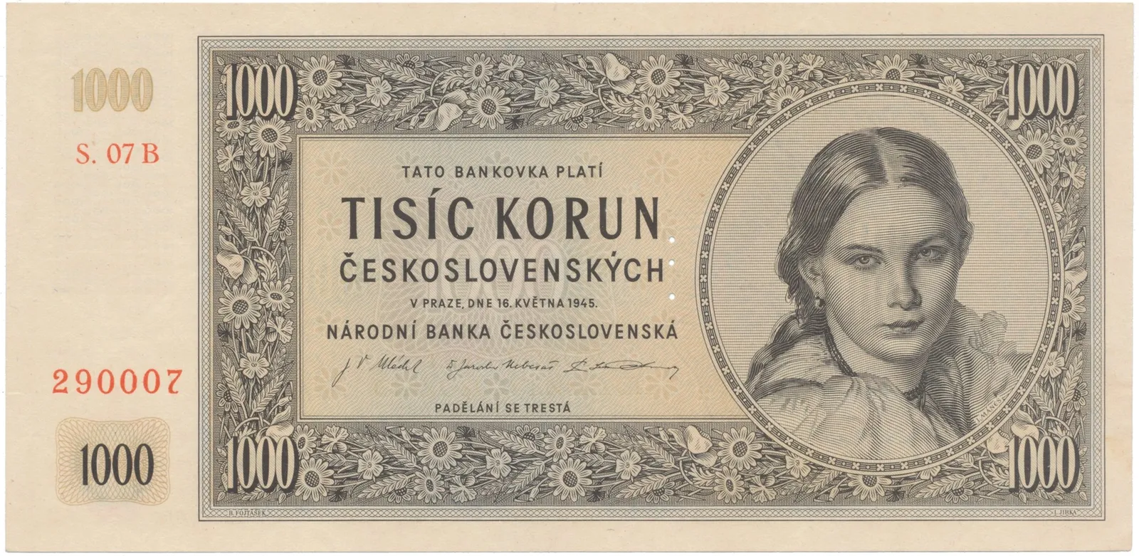 1000 Koruna 1945, I. vydání, série B, perforace 3 m.d., Hej.78bS1
