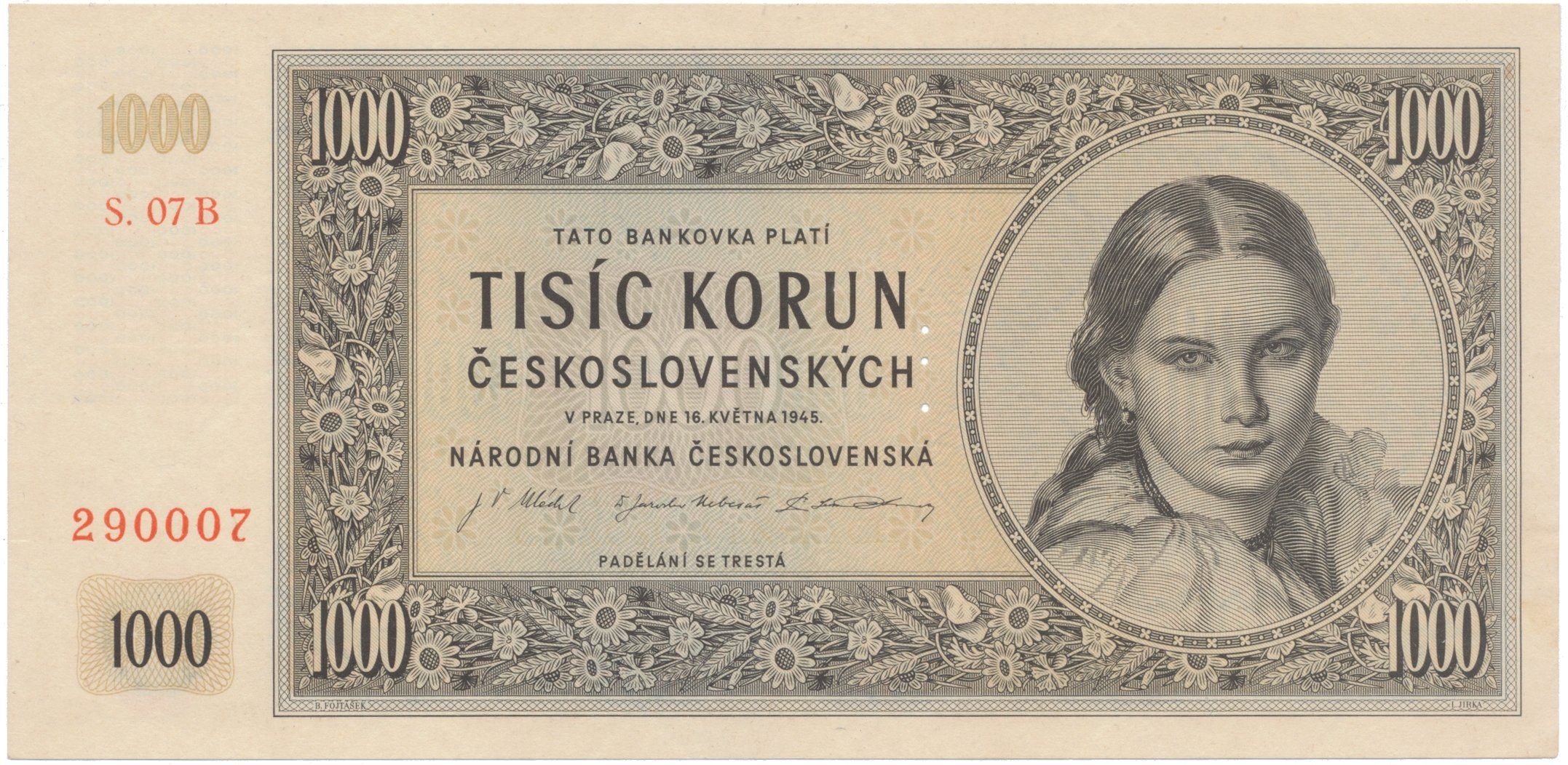 1000 Koruna 1945, I. vydání, série B, perforace 3 m.d., Hej.78bS1