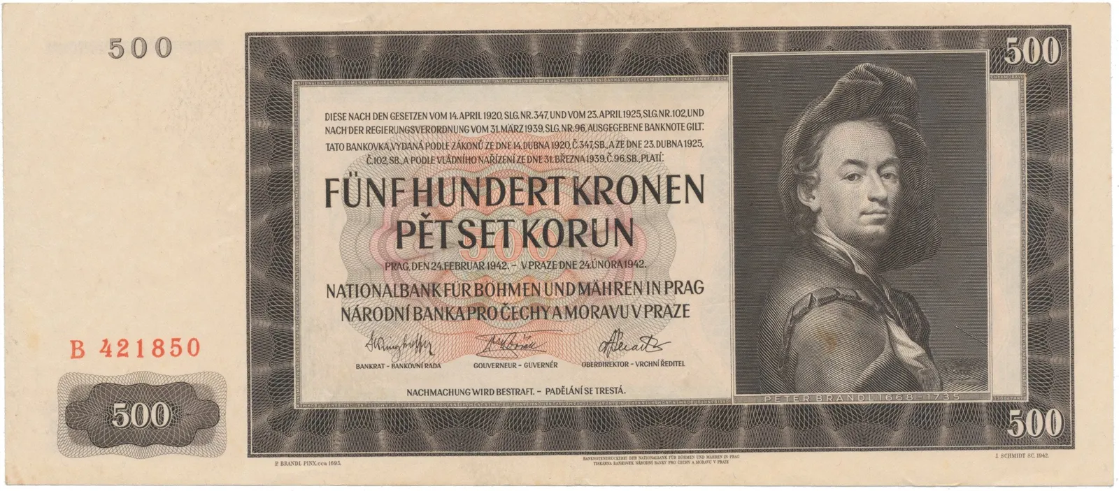500 Koruna 1942, I. vydání, série B, Hej.35a