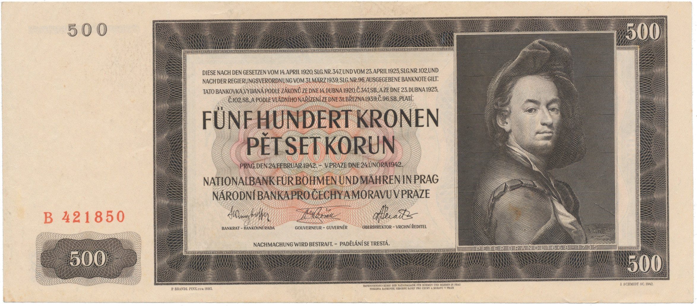 500 Koruna 1942, I. vydání, série B, Hej.35a