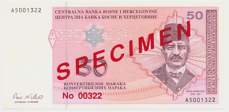 Bosna a Hercegovina, 50 Konvert. Marka (1998), anulát - SPECIMEN, P.67s