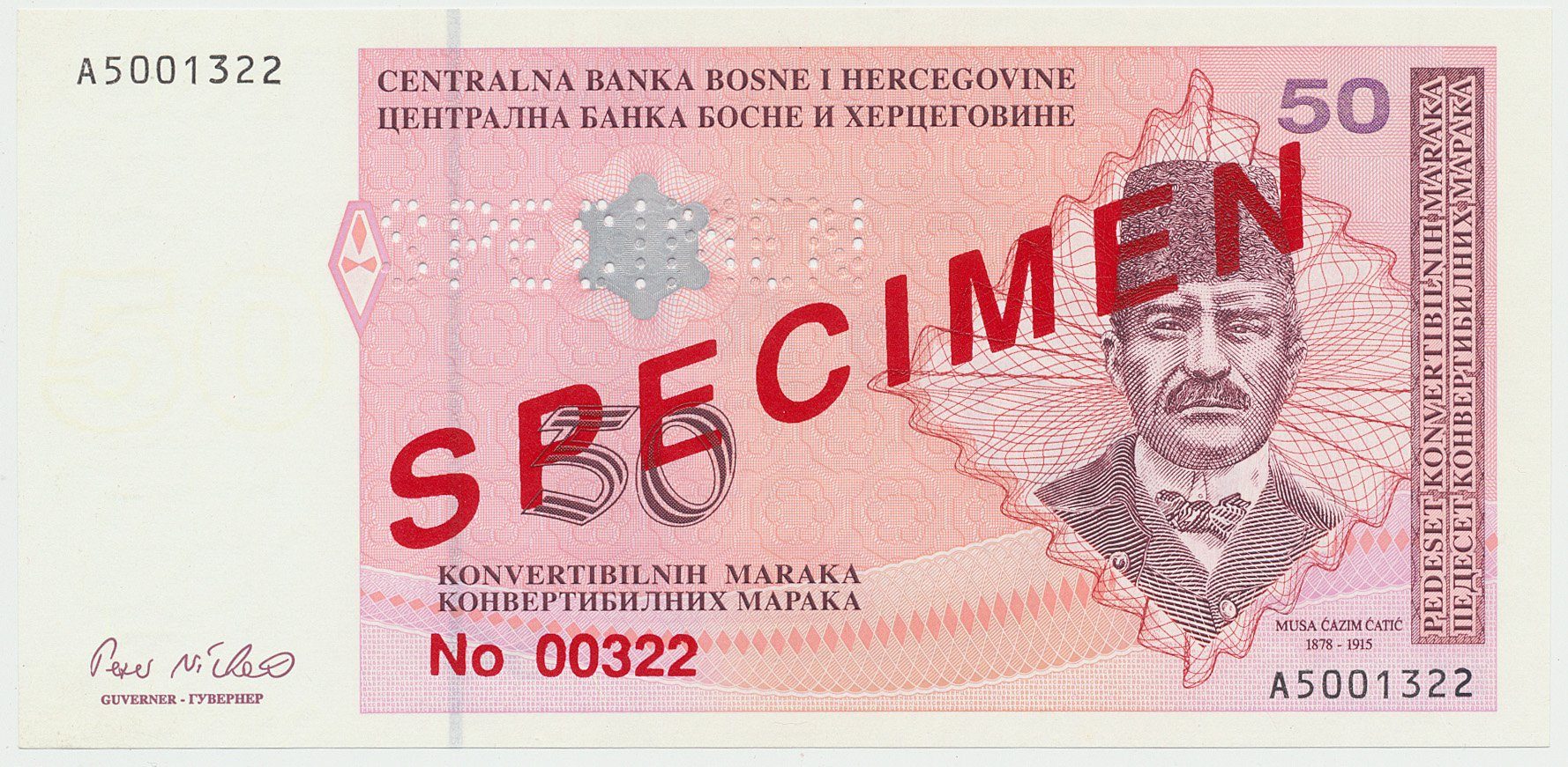 Bosna a Hercegovina, 50 Konvert. Marka (1998), anulát - SPECIMEN, P.67s