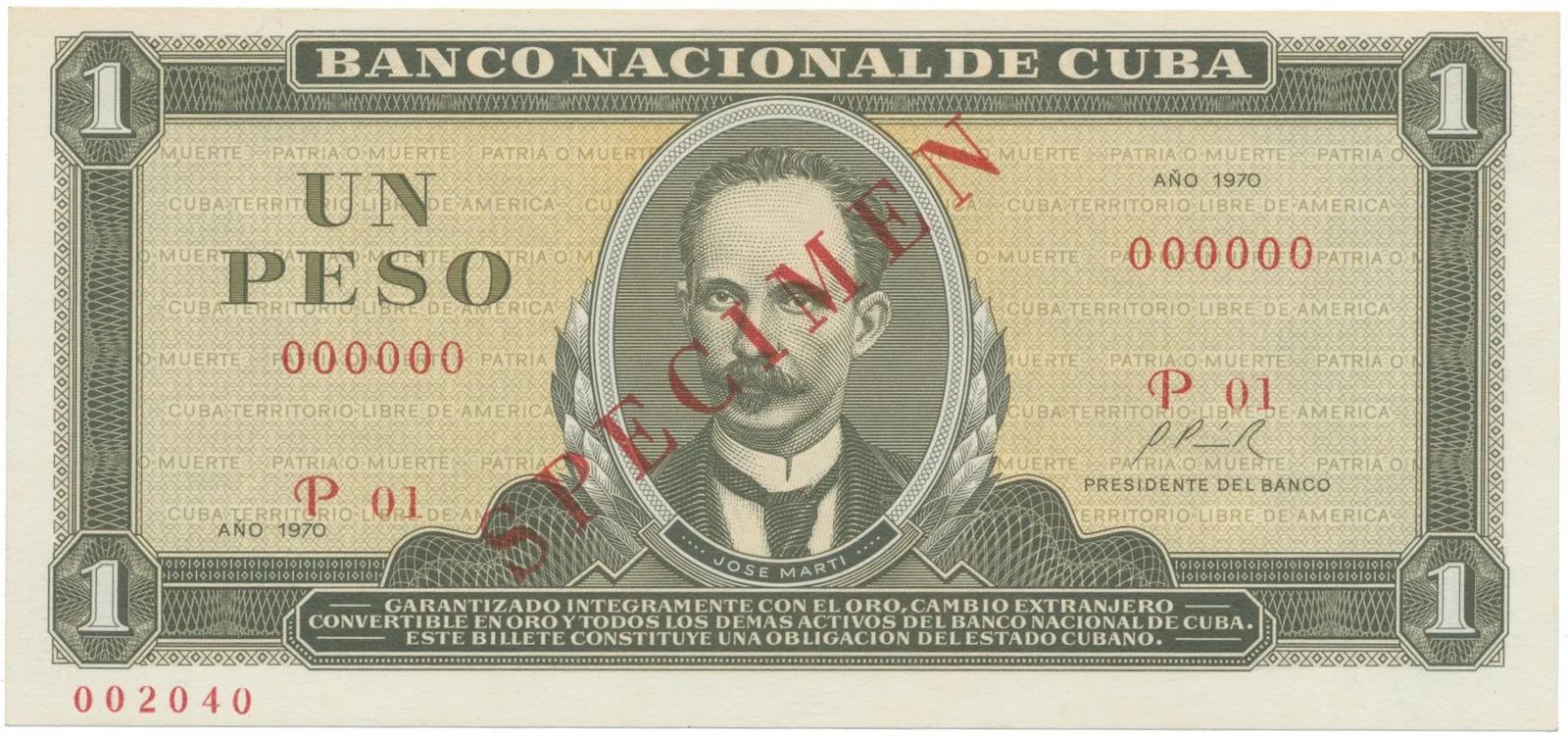 Kuba, 1 Peso 1970, tisk STC Praha, anulát - SPECIMEN, bankovní vzor, P.102as1