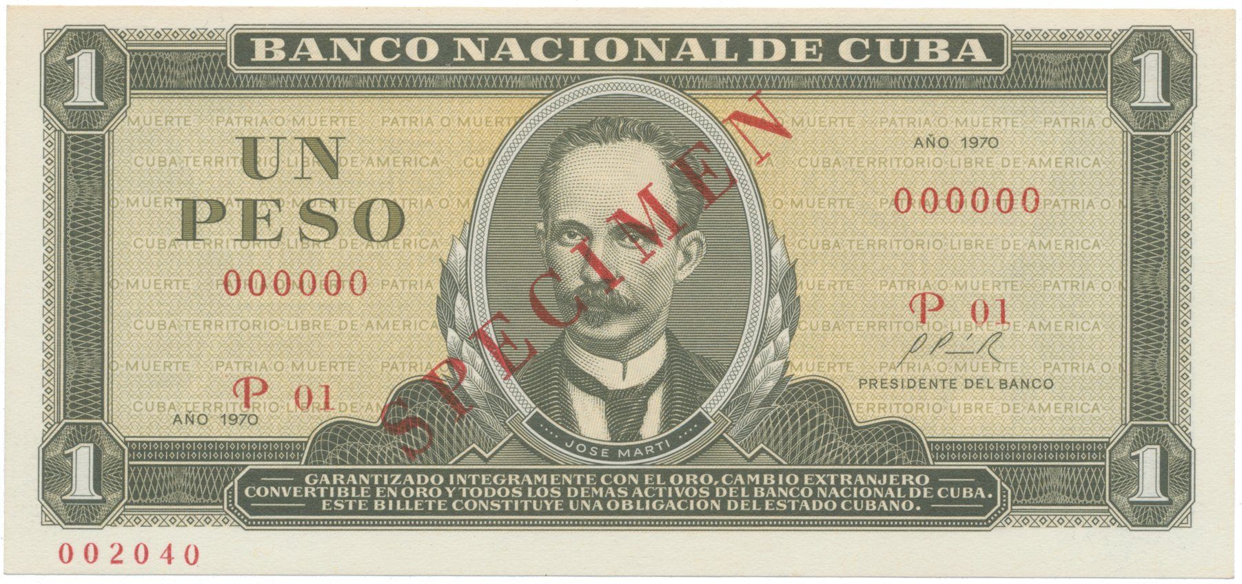 Kuba, 1 Peso 1970, tisk STC Praha, anulát - SPECIMEN, bankovní vzor, P.102as1