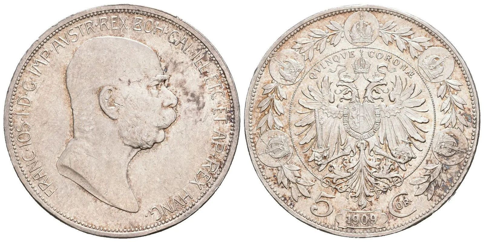 5 Koruna 1909, typ Schwartz, luxusní zachovalost, ražební lesk, patina, — 1