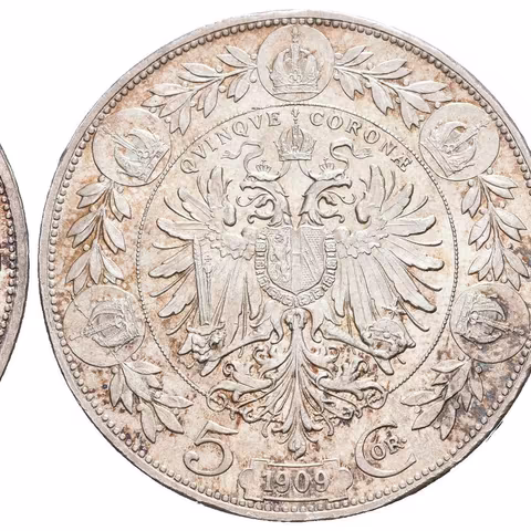 5 Koruna 1909, typ Schwartz, luxusní zachovalost, ražební lesk, patina,