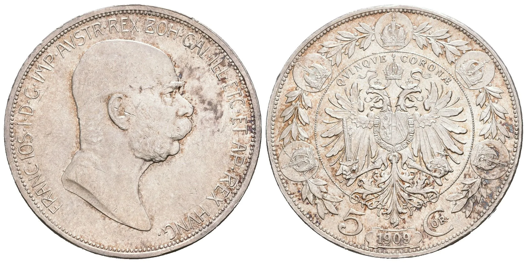 5 Koruna 1909, typ Schwartz, luxusní zachovalost, ražební lesk, patina, — 1