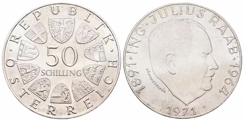 Rakousko, 50 Schilling 1971 - Julius Raab