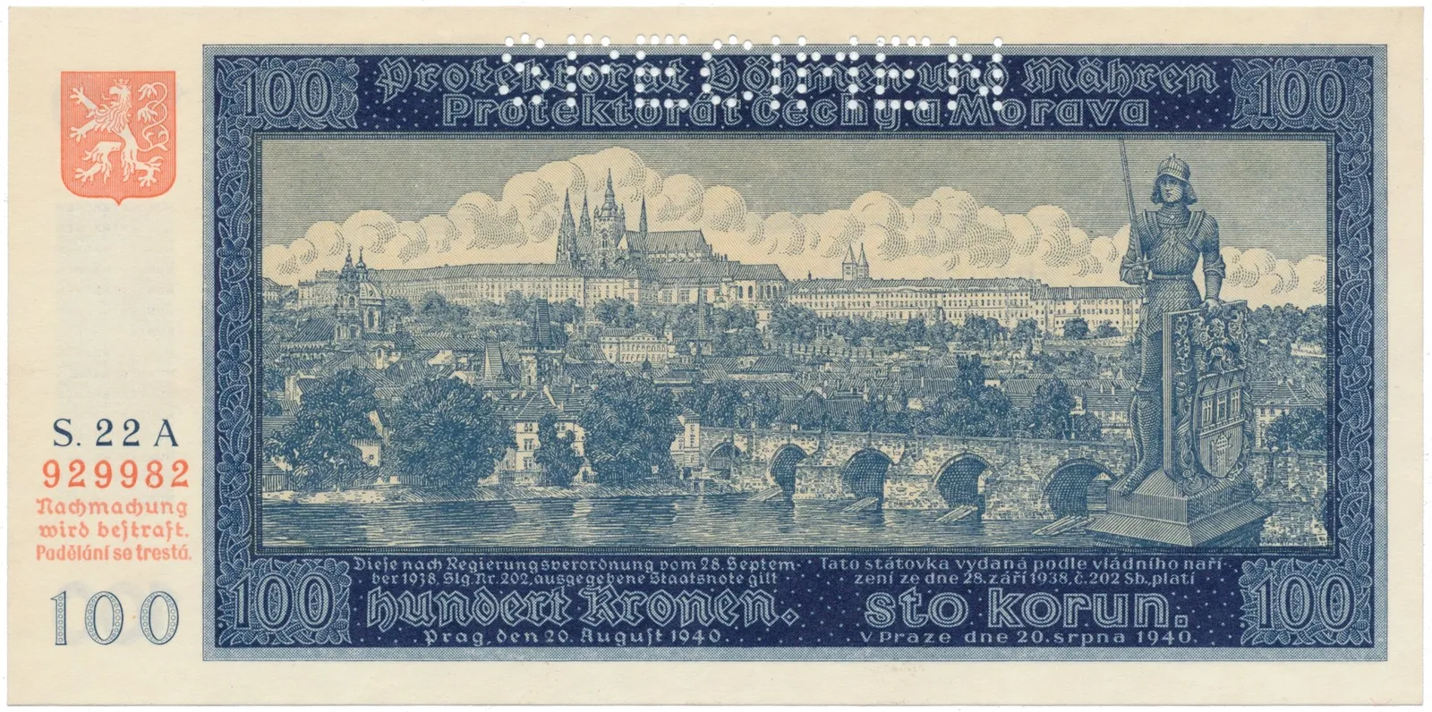 100 Koruna 1940, I. vydání, série A, SPECIMEN, Hej.32a.S1