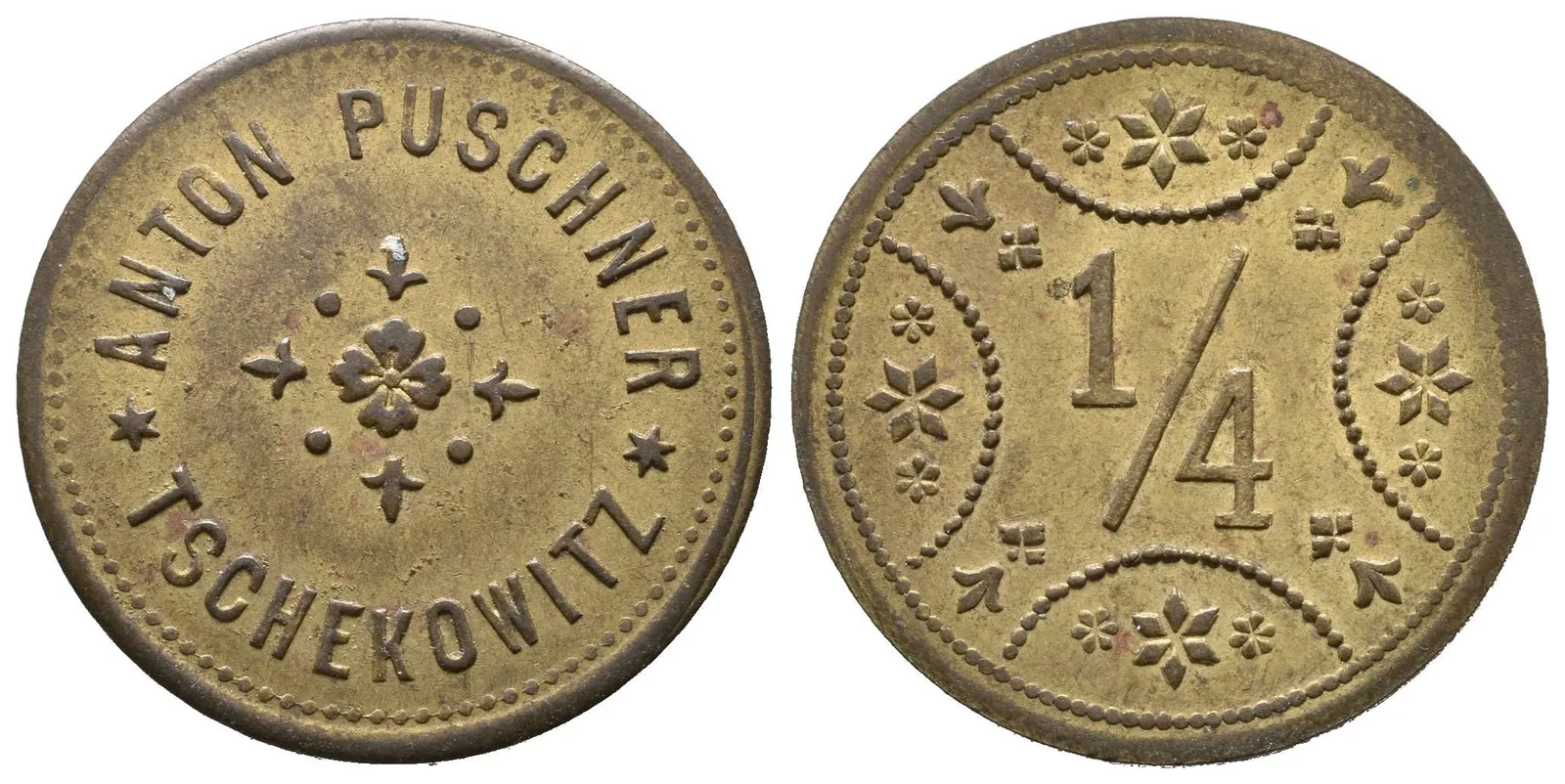 Čejkovice / Tschekowitz - Anton Puscher, známka na věrtel chmele. Ms 25 mm — 1