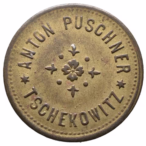 Čejkovice / Tschekowitz - Anton Puscher, známka na věrtel chmele. Ms 25 mm