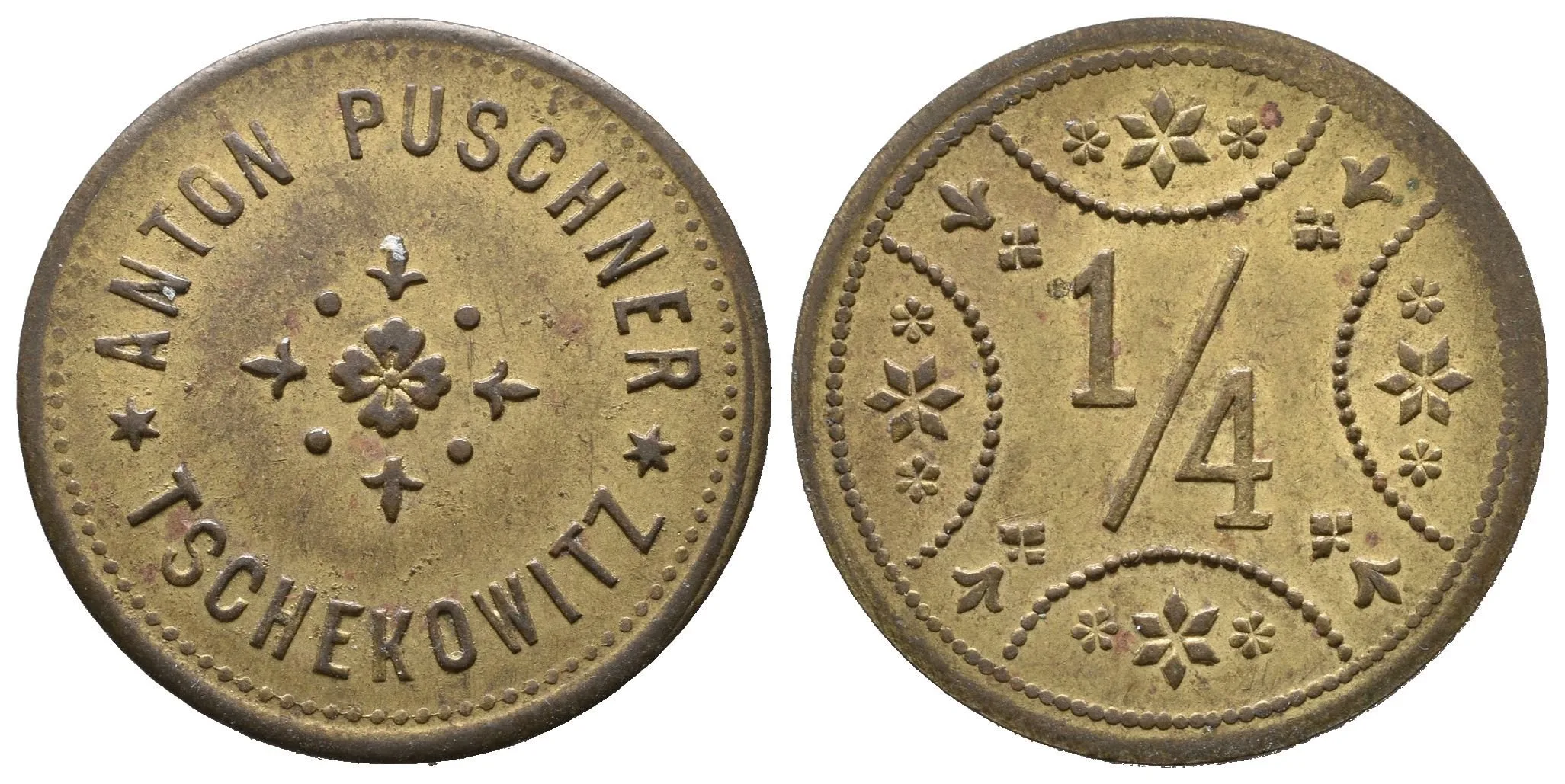 Čejkovice / Tschekowitz - Anton Puscher, známka na věrtel chmele. Ms 25 mm — 1