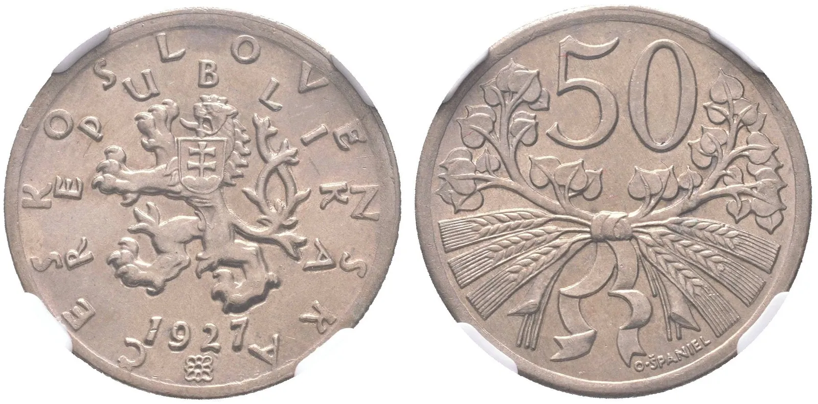 50 Haléř 1927, etue NGC, hodnocení MS 64, pouze 1 exemplář v lepším hodnocení, — 1