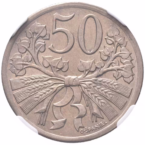 50 Haléř 1927, etue NGC, hodnocení MS 64, pouze 1 exemplář v lepším hodnocení,