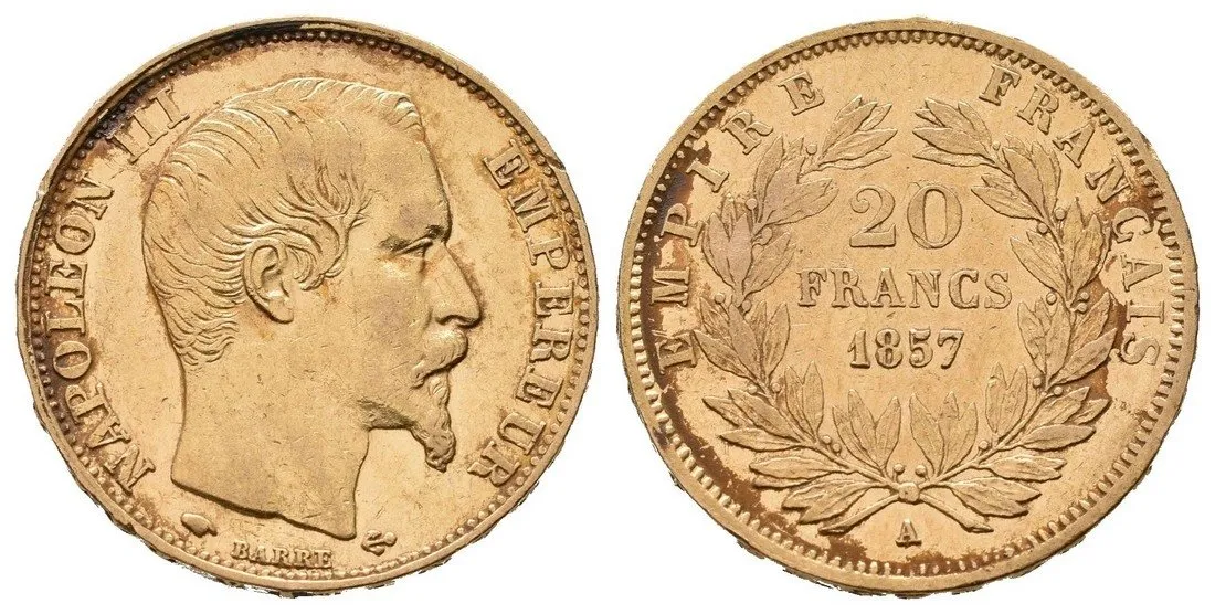 20 Frank 1857 A, Paříž, Au 0,900, 21,5 mm (6,4516 g)