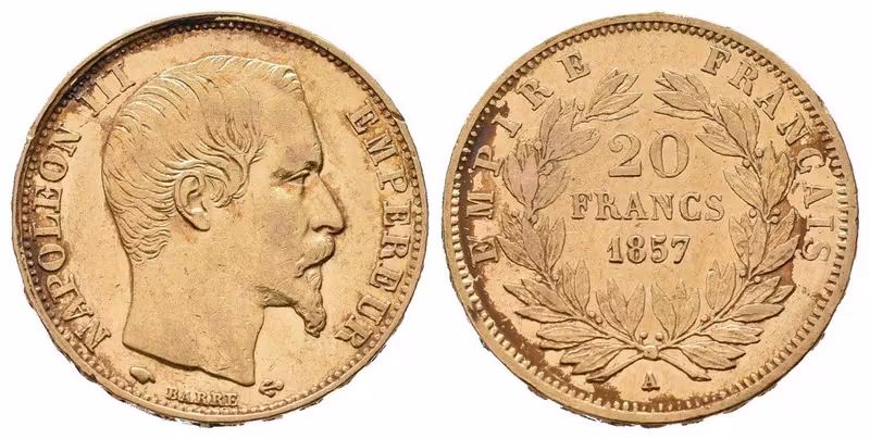 20 Frank 1857 A, Paříž, Au 0,900, 21,5 mm (6,4516 g)