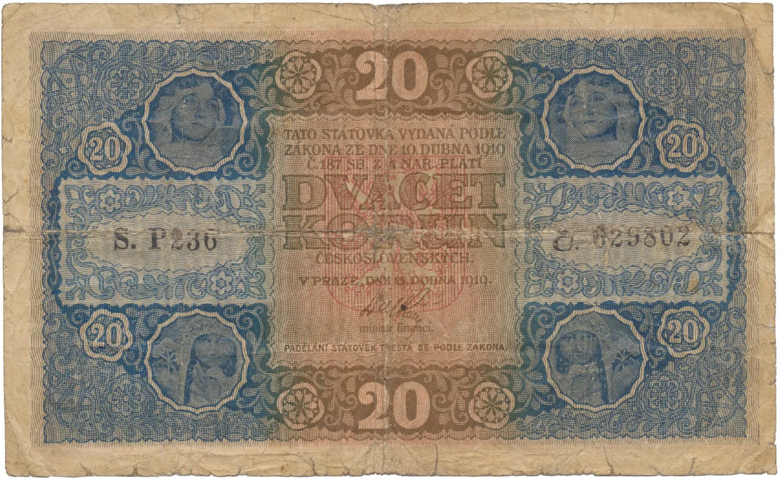 Československo, 20 Koruna 1919, serie P, Hej.10a