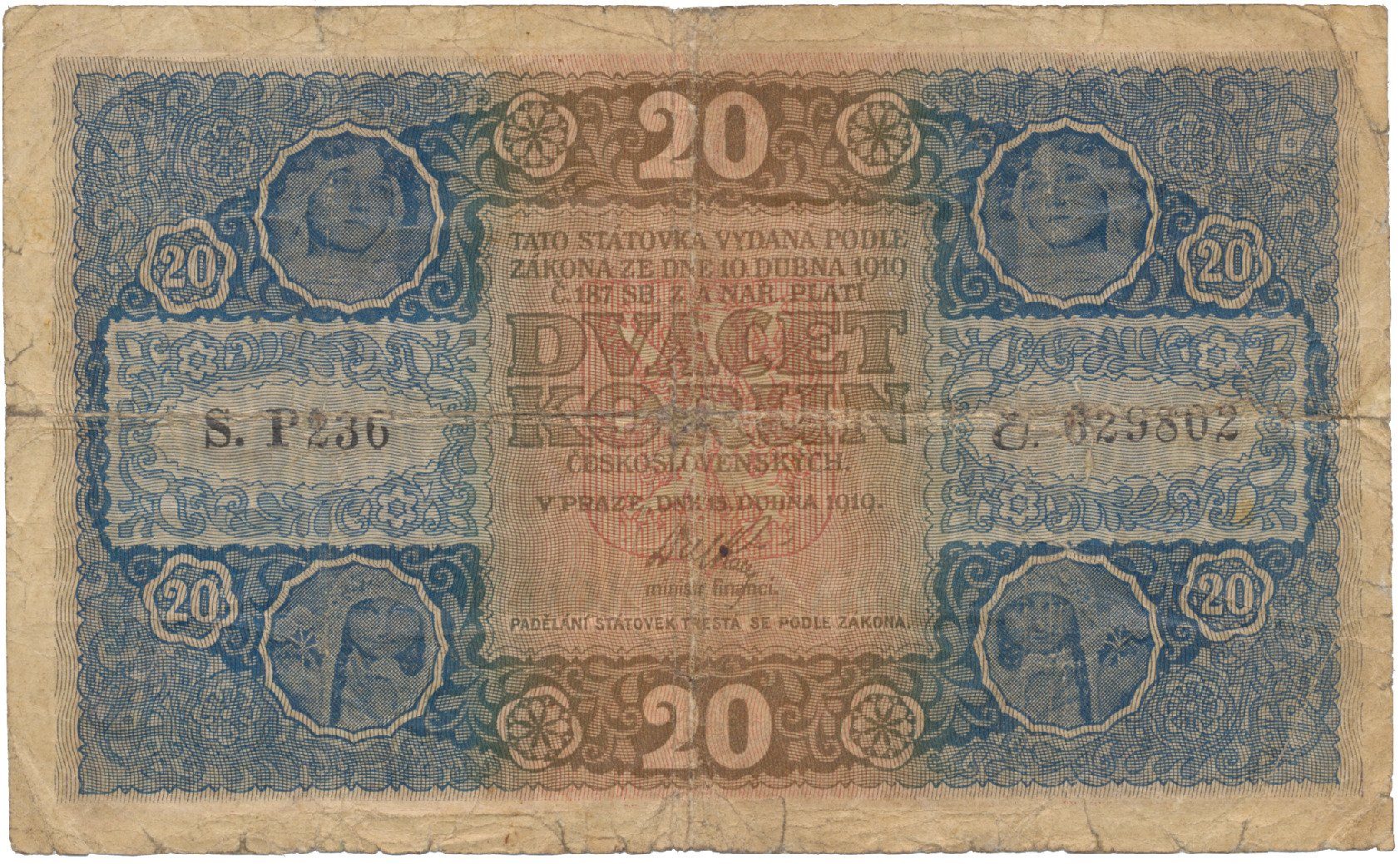 Československo, 20 Koruna 1919, serie P, Hej.10a