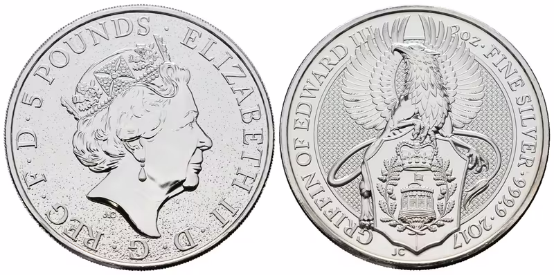 Velká Británie, 5 Pounds 2017 - 2 Oz (Griffin of Edward III)