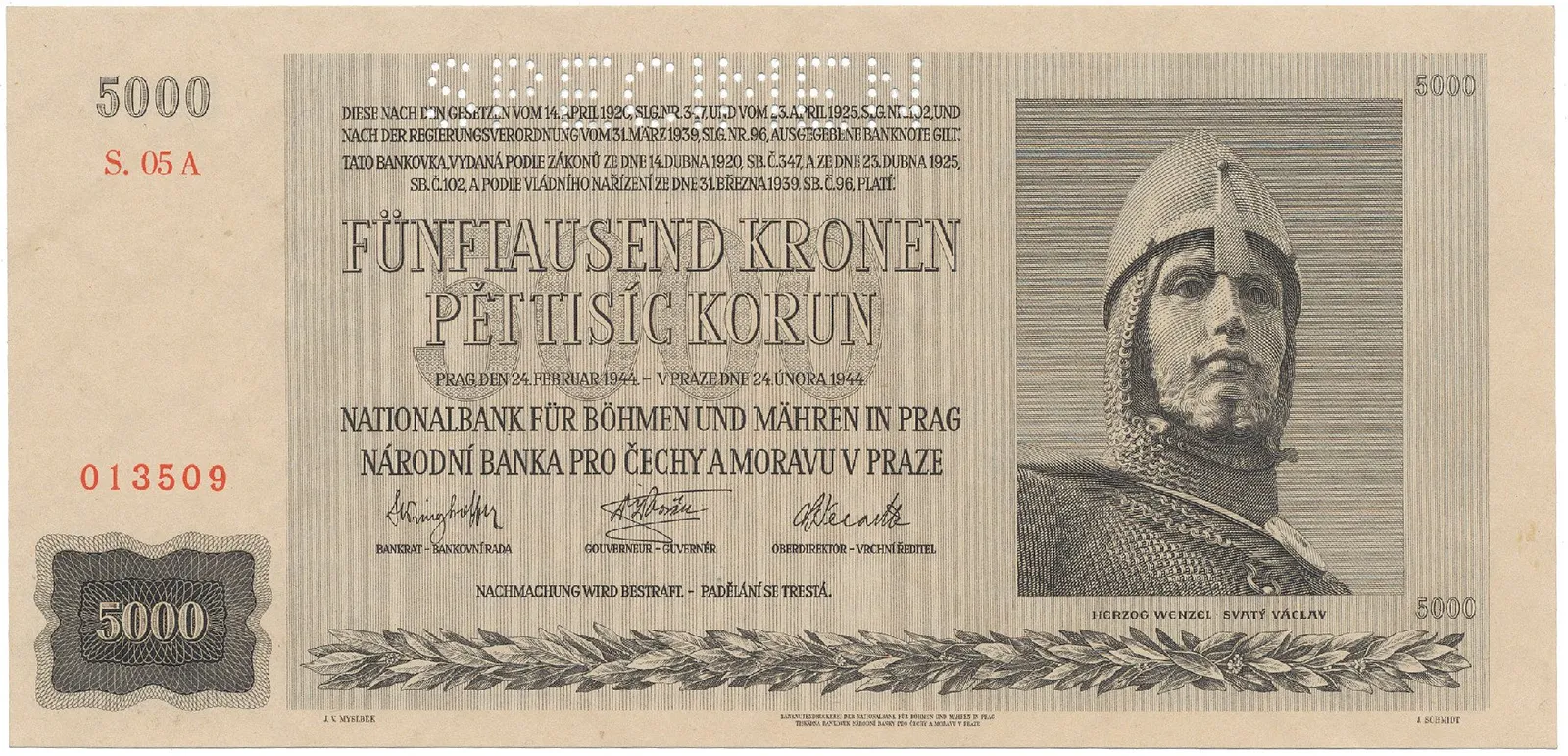 Protektorát Čechy a Morava, 5000 Koruna 1944, perf. 1x SPECIMEN, Hej.41a.S1