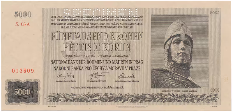 Protektorát Čechy a Morava, 5000 Koruna 1944, perf. 1x SPECIMEN, Hej.41a.S1
