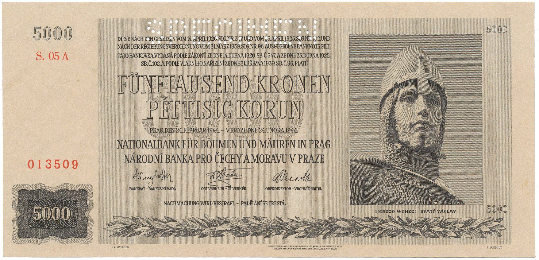 Protektorát Čechy a Morava, 5000 Koruna 1944, perf. 1x SPECIMEN, Hej.41a.S1