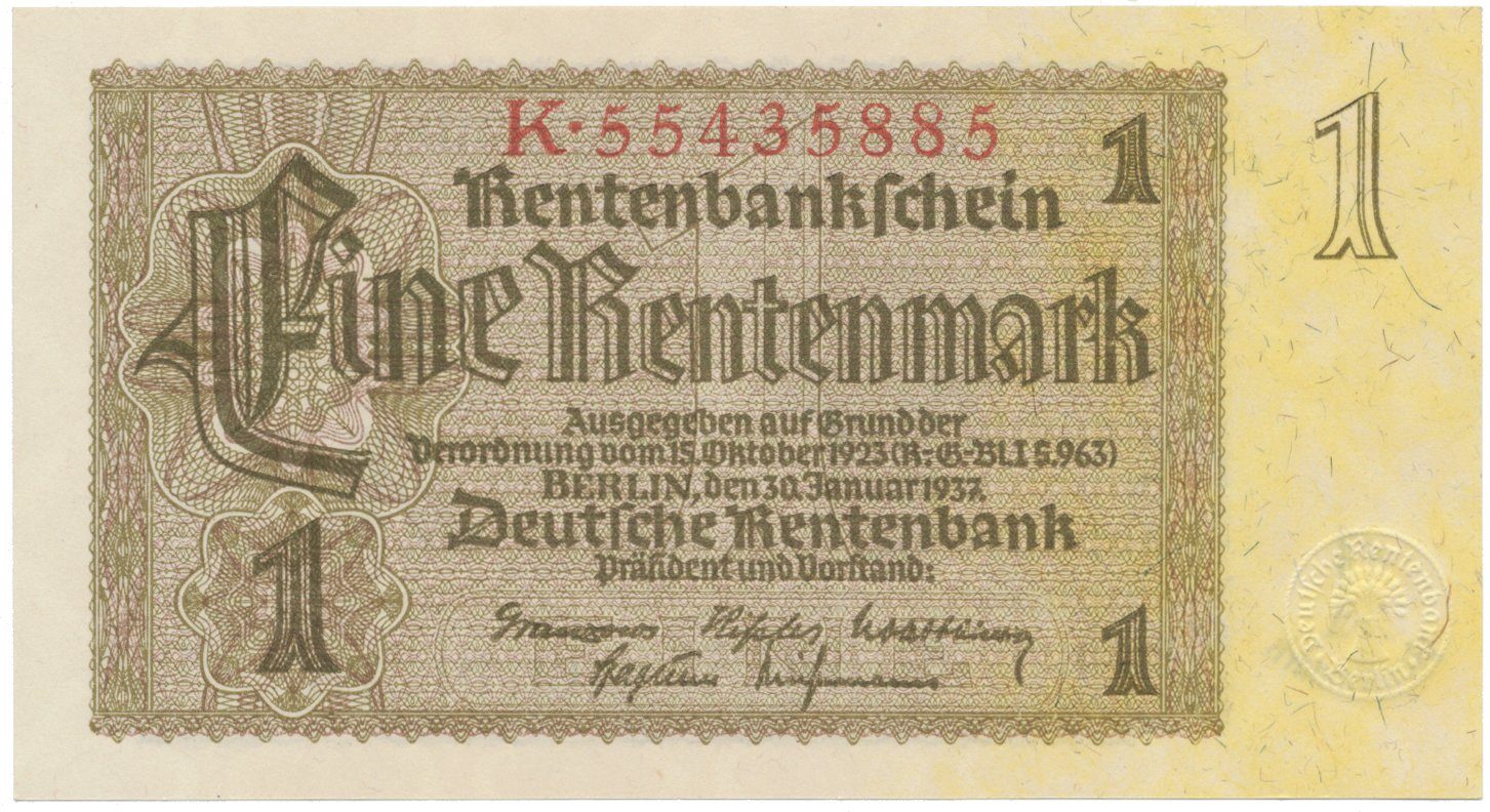 Německo, 1 Rentenmark 1937, říšský číslovač, Hej.D11b