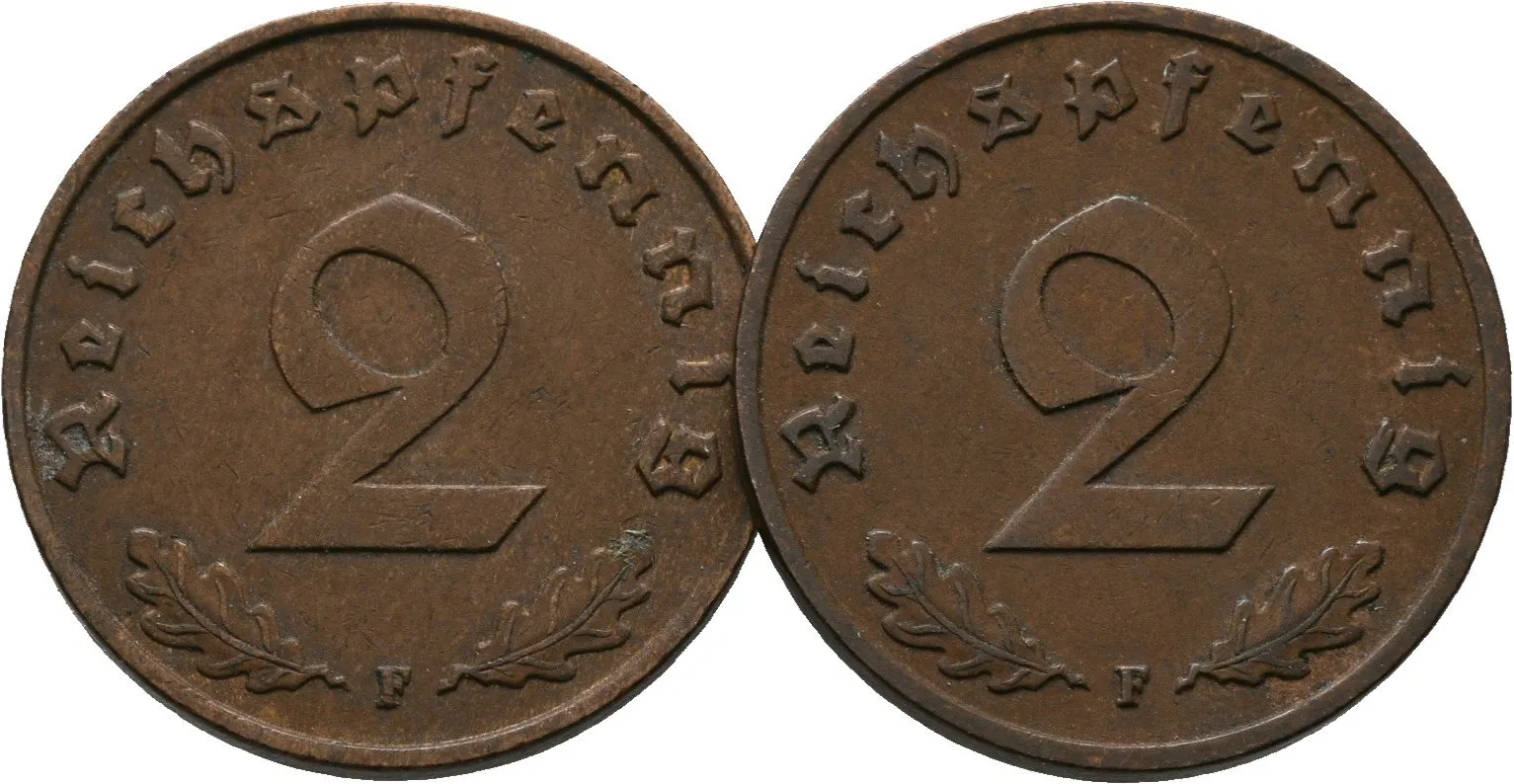 III. říše, 2 Pfennig 1938 F a 1939 F, lot 2 ks
