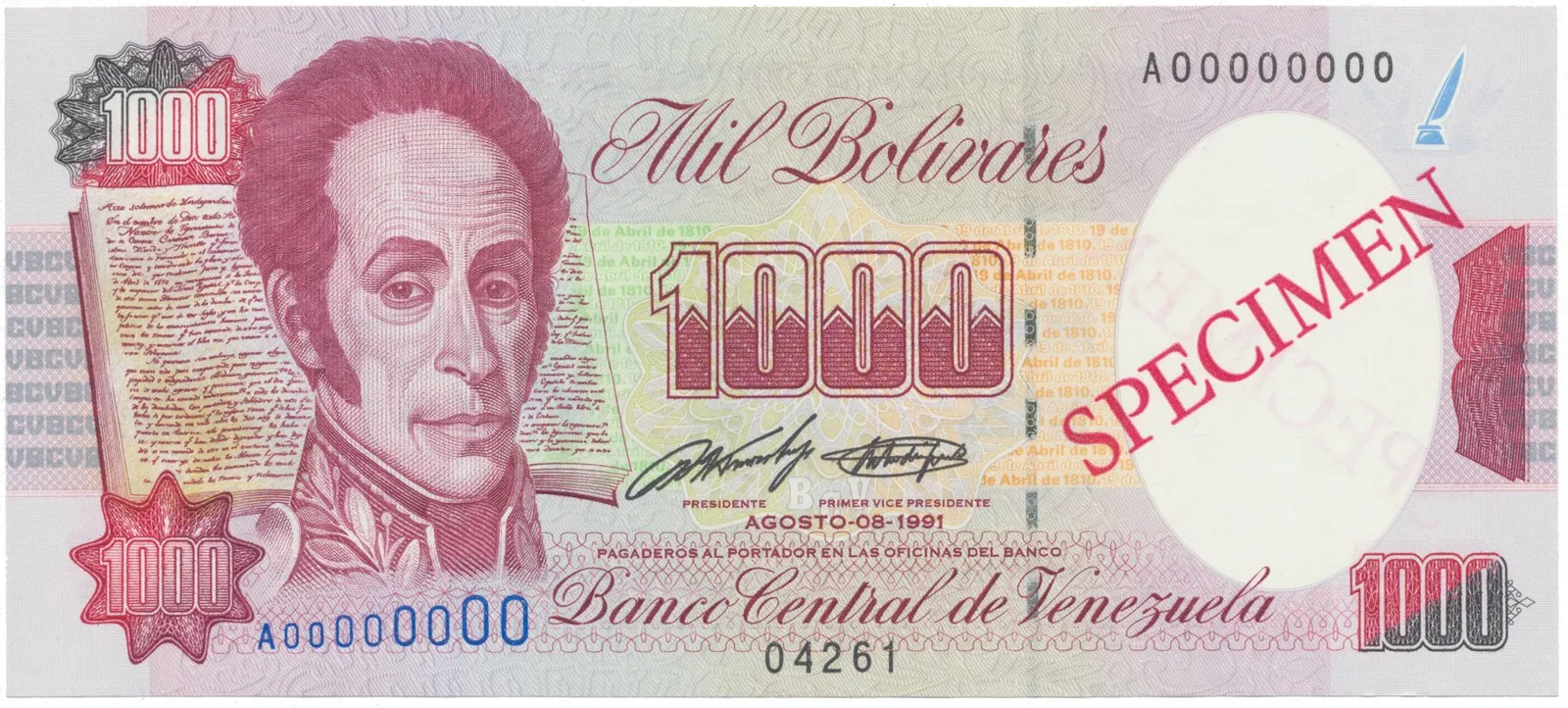 Venezuela, 1000 Bolivares 1991, anulát - SPECIMEN, P.73as