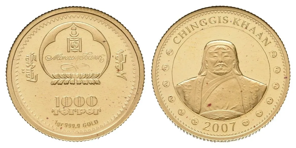1000 tugriků - 2007 - Au 1,00 g - 999.9/1000 - Čingischán