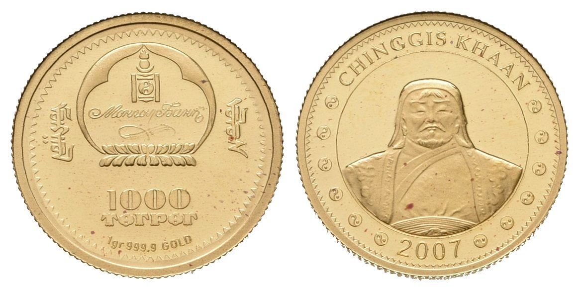 1000 tugriků - 2007 - Au 1,00 g - 999.9/1000 - Čingischán