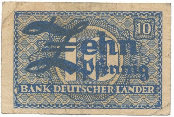 Německo - NSR, 10 Pfennig (1948), chybotisk v ornamentu, Ros.251b