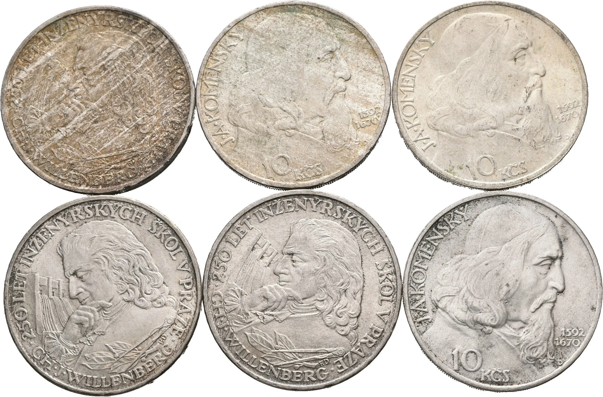 10 Kčs 1957 - CH. J. Willenberg a Komenský, patina_6 ks — 1