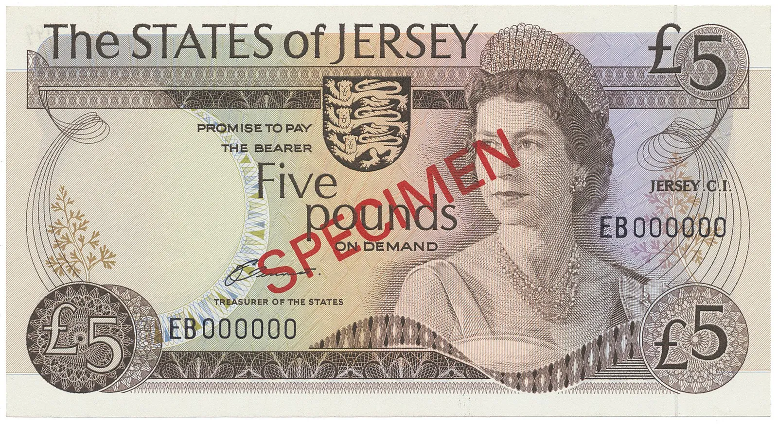 Jersey, 5 Pounds (1976-1988), bankovní vzor, přetisk SPECIMEN, P.12as