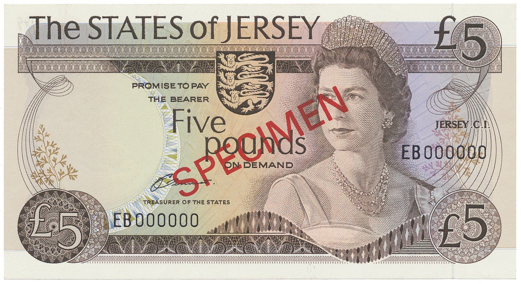 Jersey, 5 Pounds (1976-1988), bankovní vzor, přetisk SPECIMEN, P.12as