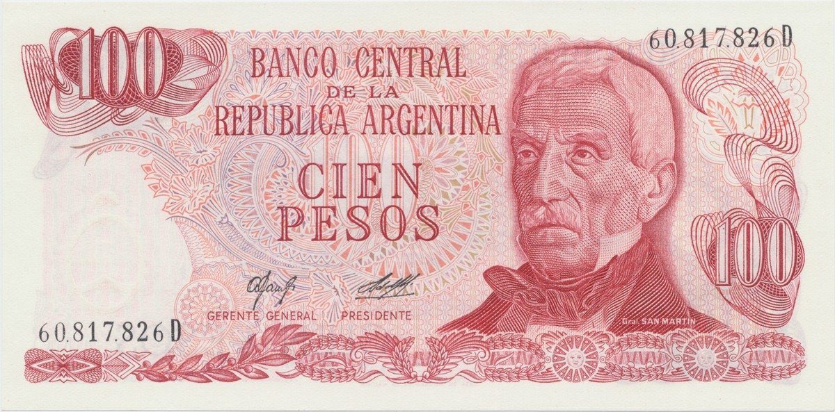 Argentina, 100 Pesos (1976~1978), papír bez ochranných vláken, P.302a