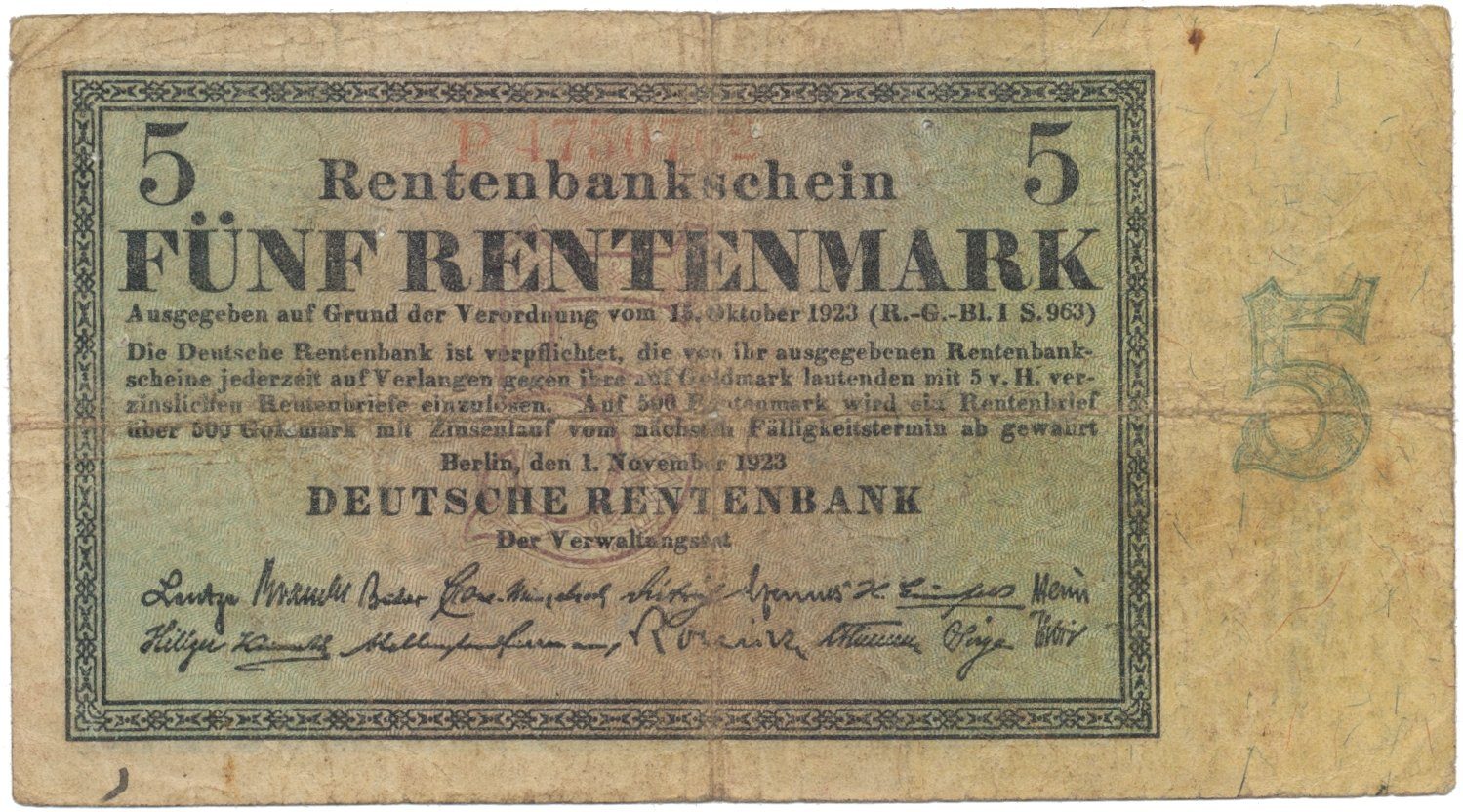 Německo, 5 Rentenmark 1923, Ro.156b