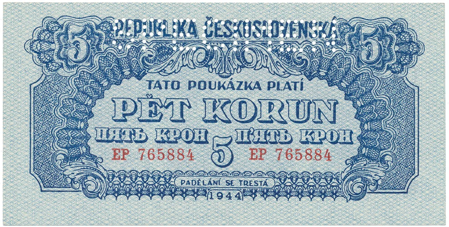 Československo, 5 Koruna 1944, vodorovný podtisk, perf. 1x SPECIMEN nahoře, Hej.57a.S1