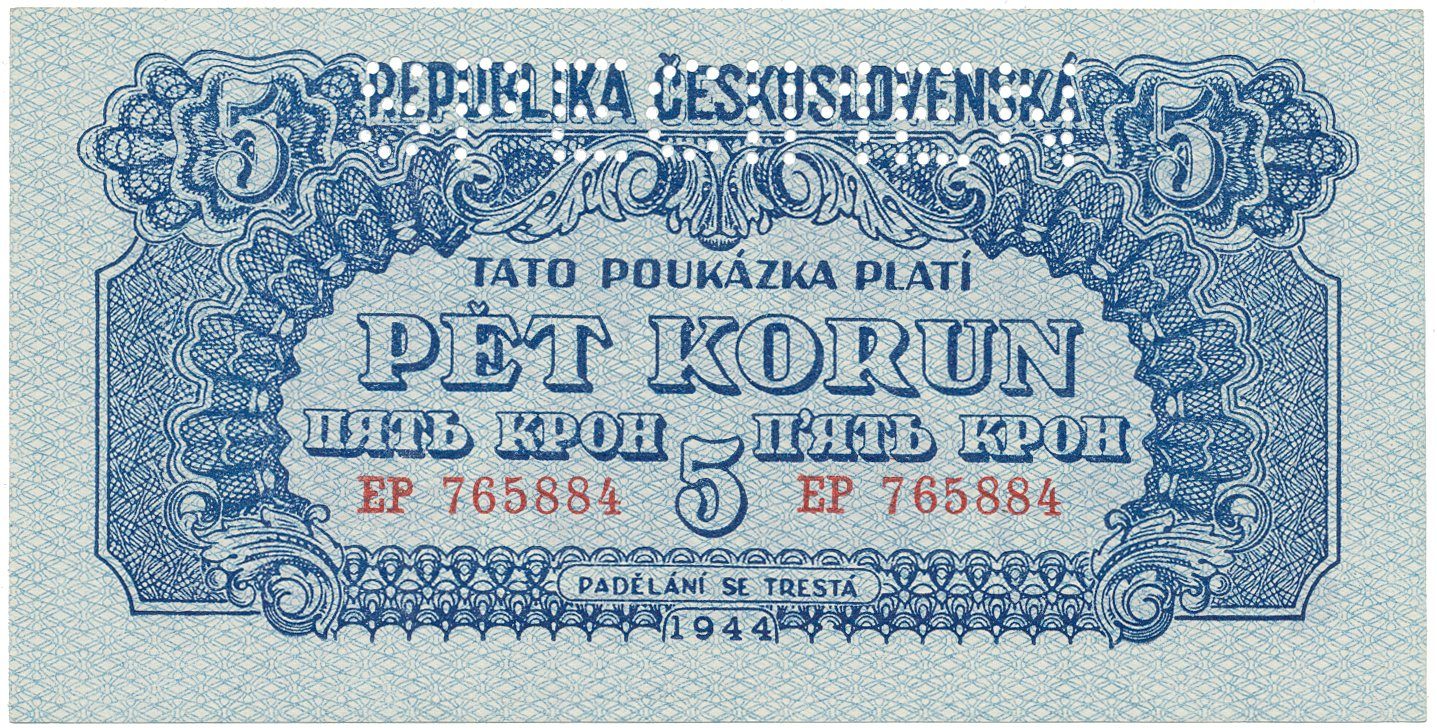 Československo, 5 Koruna 1944, vodorovný podtisk, perf. 1x SPECIMEN nahoře, Hej.57a.S1
