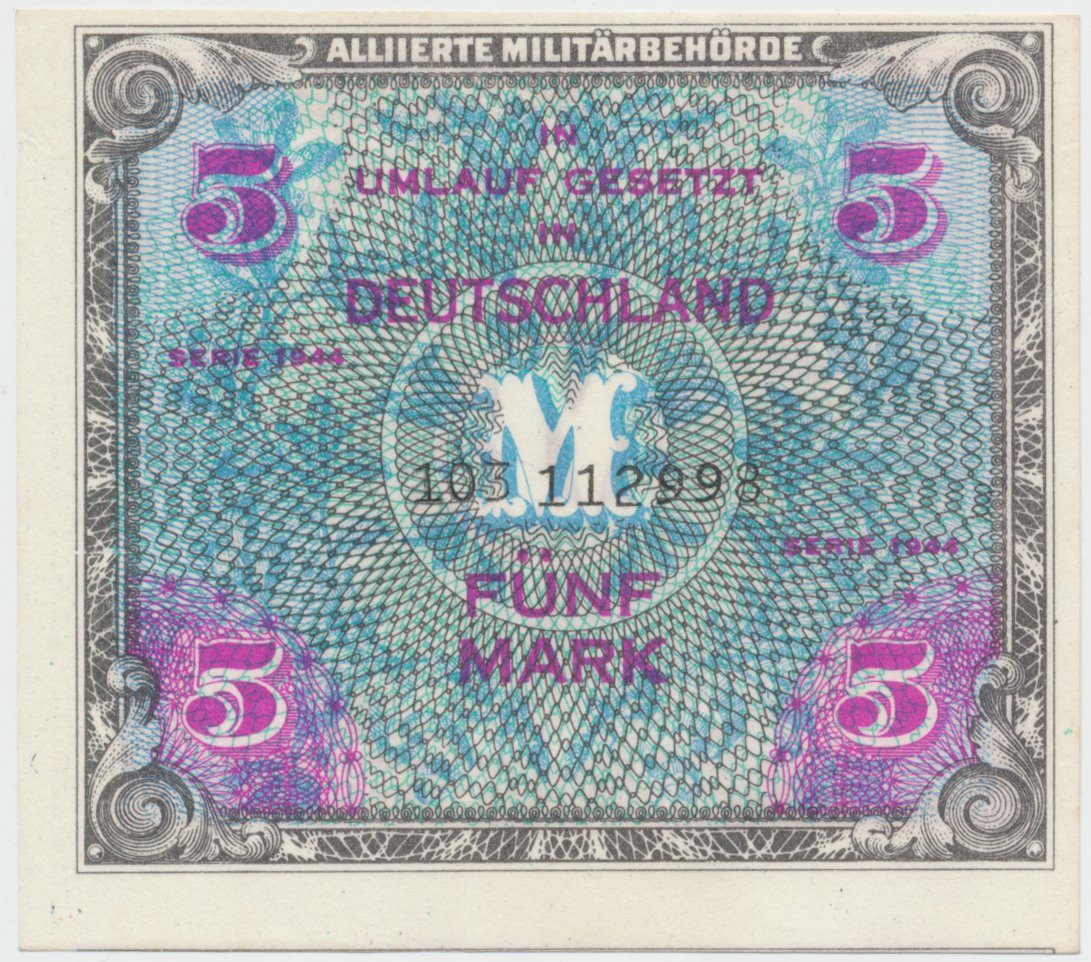 Okupační poukázky Allierte, 5 Mark 1944, tisk SSSR, 9-místný číslovač, Hej.AM3c