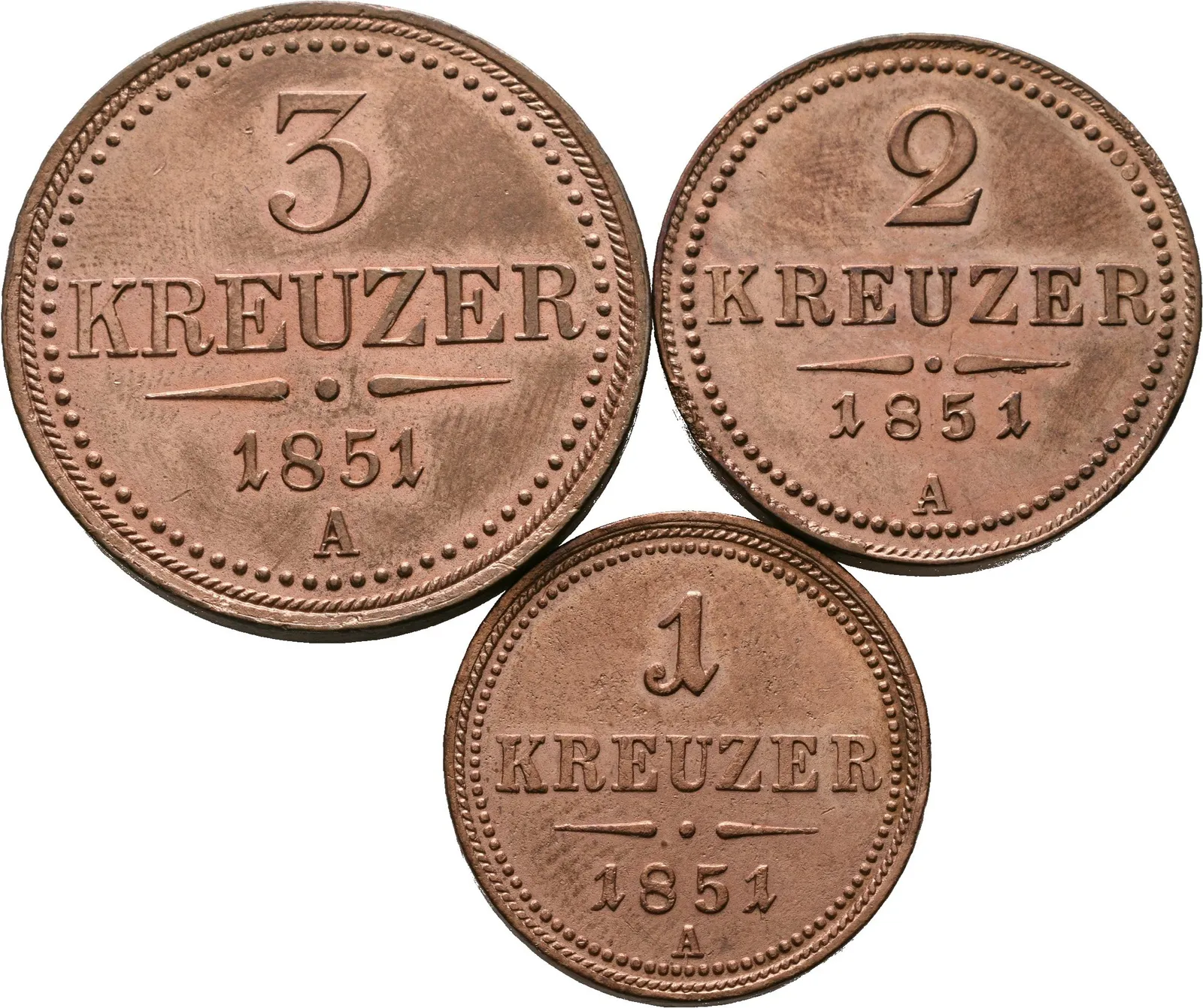 3 Krejcar 1851 A, 2 Krejcar 1851 A, 1 Krejcar 1851 A