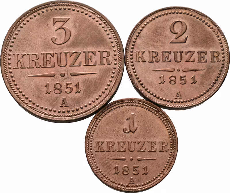 3 Krejcar 1851 A, 2 Krejcar 1851 A, 1 Krejcar 1851 A