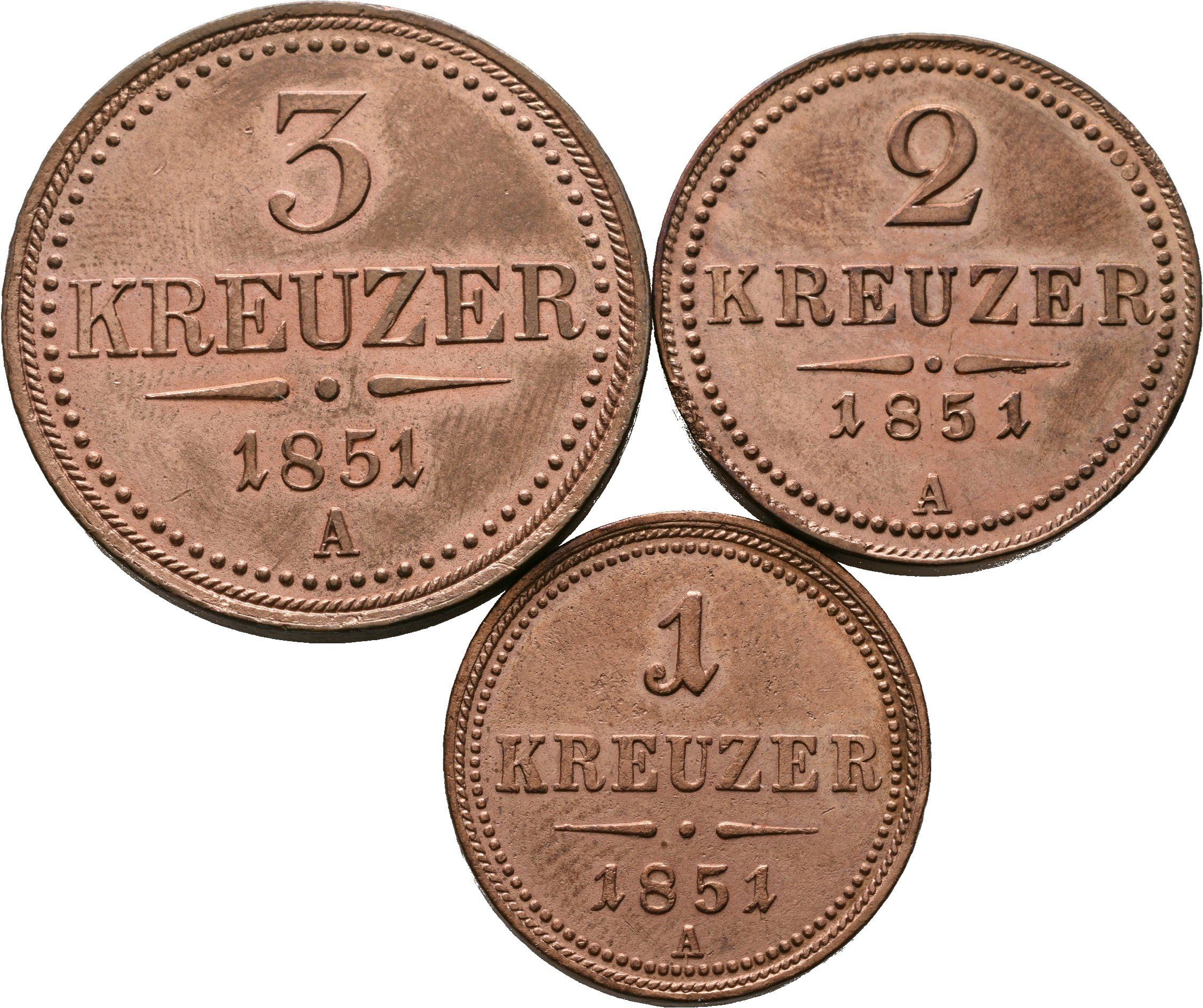 3 Krejcar 1851 A, 2 Krejcar 1851 A, 1 Krejcar 1851 A