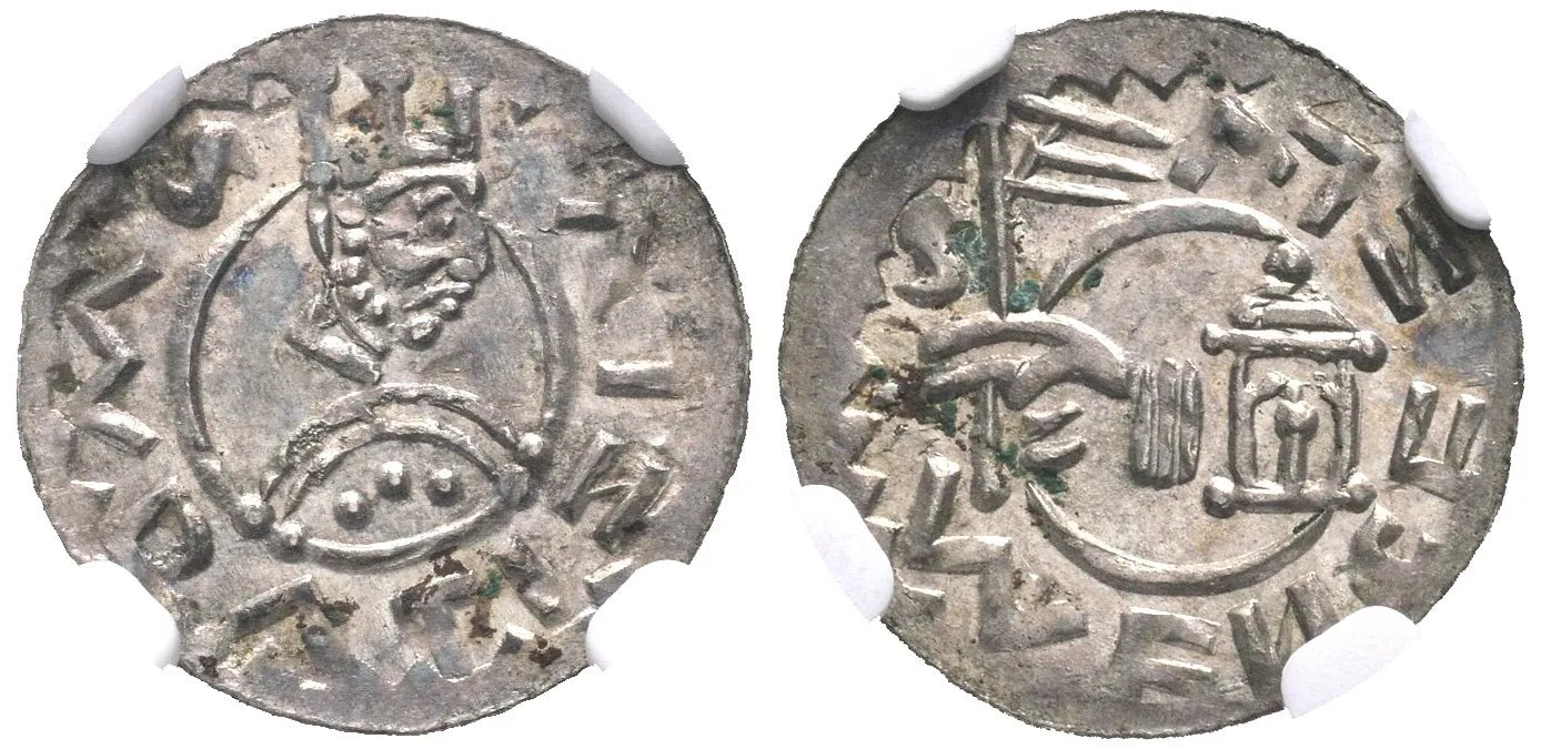 Denár, Cach 354, úzká koruna, certifikace NGC, hodnocení MS 63, luxusní zachovalost — 1