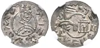 Denár, Cach 354, úzká koruna, certifikace NGC, hodnocení MS 63, luxusní zachovalost — 1