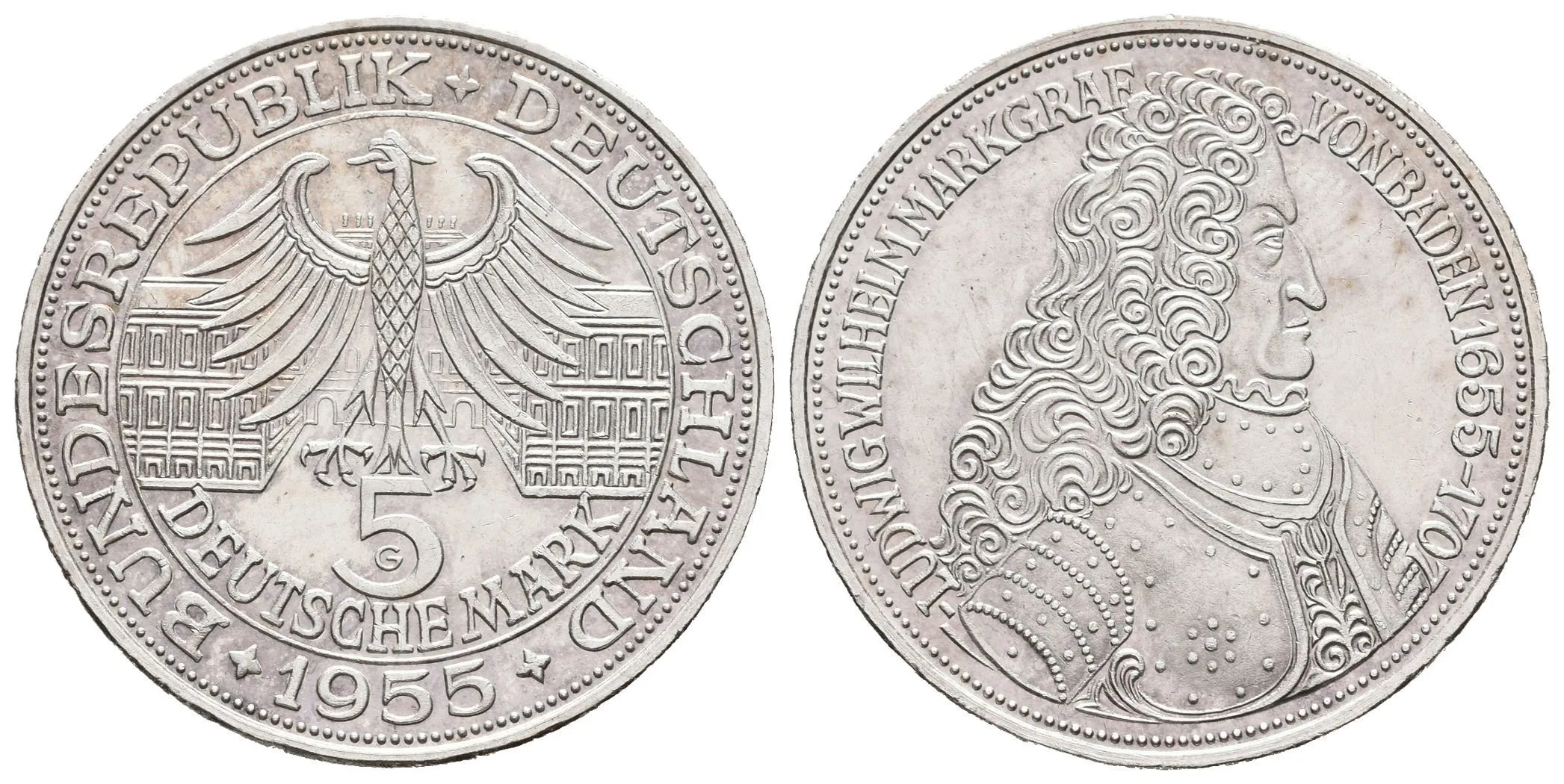 5 Marka 1955 G - Markgraf von Baden, J.390, — 1