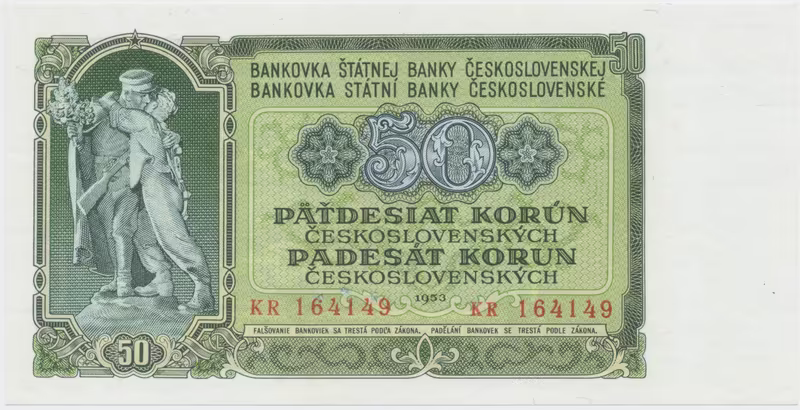 Československo, 50 Koruna 1953, tisk Praha, série KR, perf. 3 m.d., Hej.94b1.S1