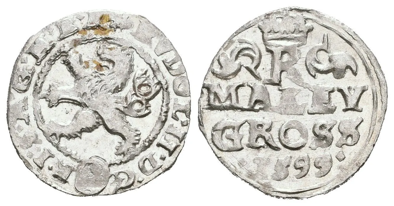Malý groš 1599, Kutná Hora-Dominig, HN.8 (opis 7a), po stranách letopočtu tečky, — 1
